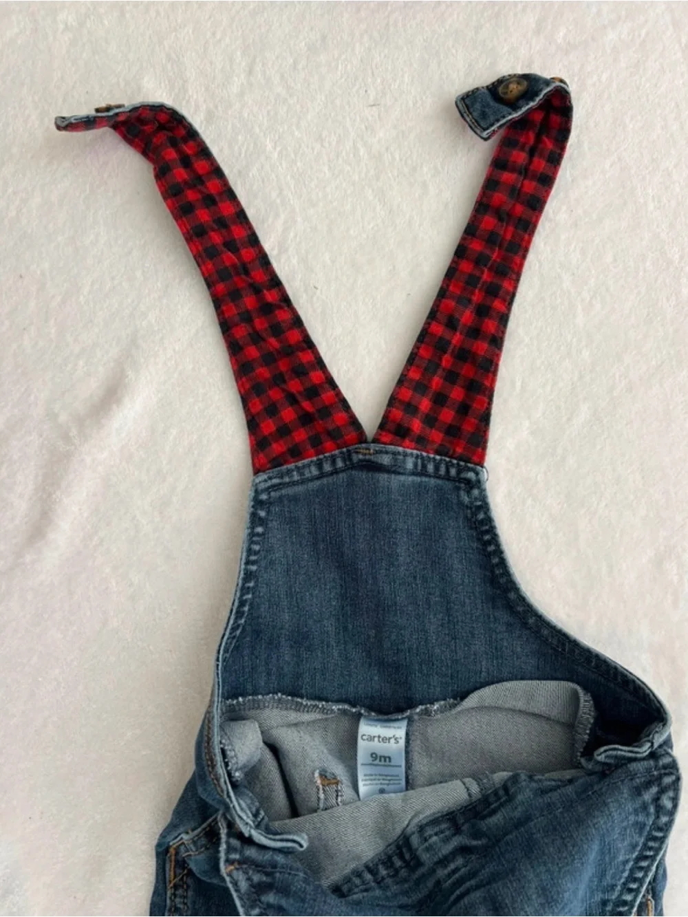 Carter's Kid Denim Overalls with Red Plaid Lining 9 Months